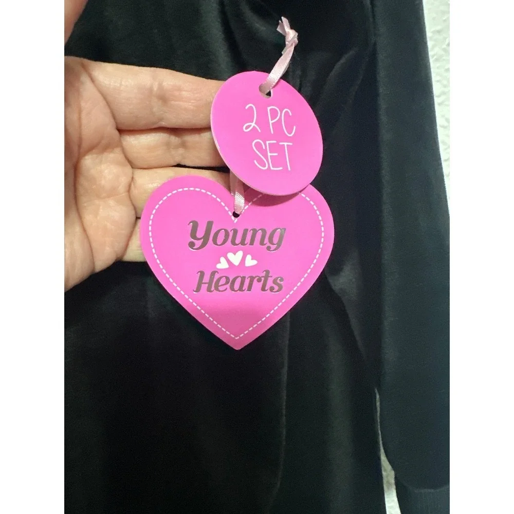 Young Hearts Girls Black Velour Heart Sequin 2 Pcs Size S